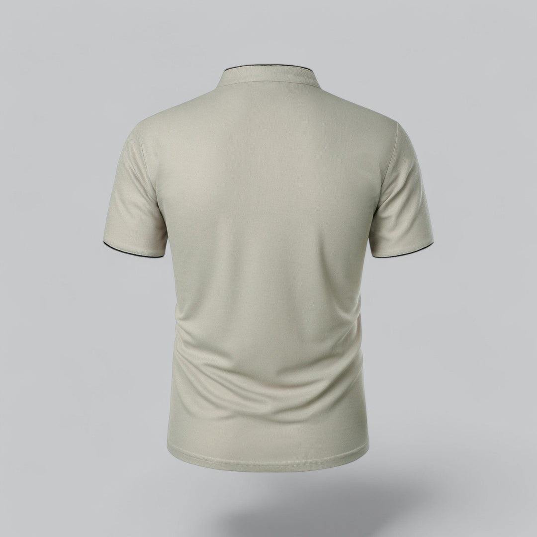 Men's short sleeve collarless polo shirt, timeless design, perfect for smart casual spring.
