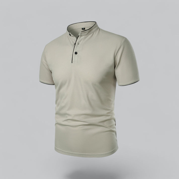 Collarless men's short sleeve polo, tailored fit, versatile for summer & business casual outfits.