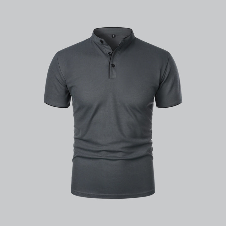 Everyday Wear men's collarless polo shirt, short sleeve, modern & timeless smart casual appeal.