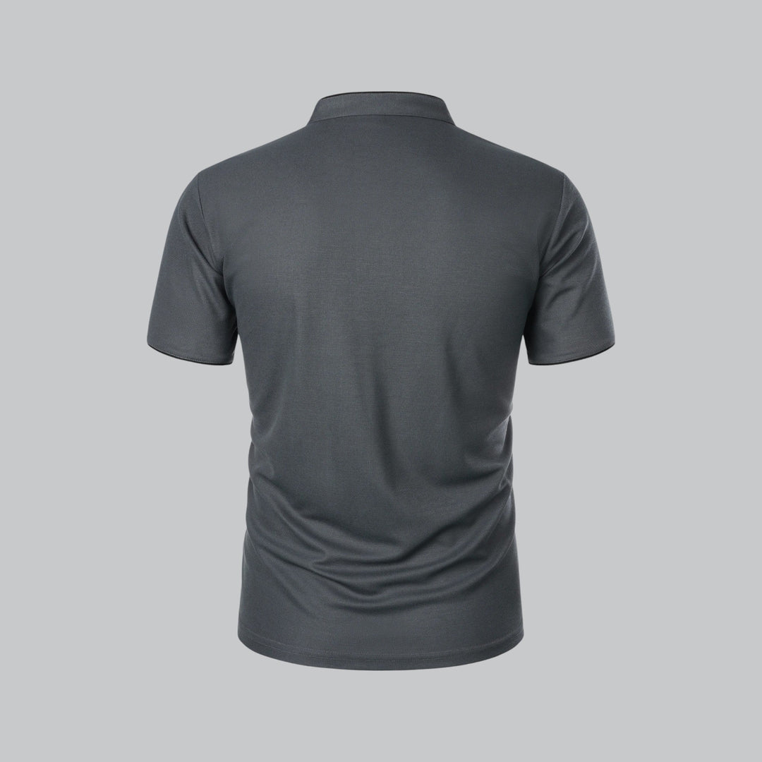 Smart casual men's collarless polo, short sleeve, tailored fit, versatile for autumn wear.