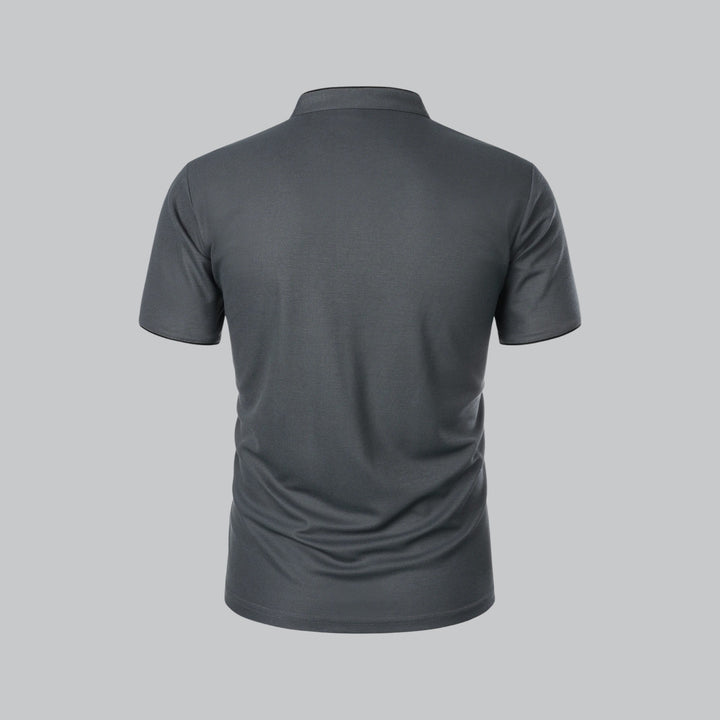 Smart casual men's collarless polo, short sleeve, tailored fit, versatile for autumn wear.