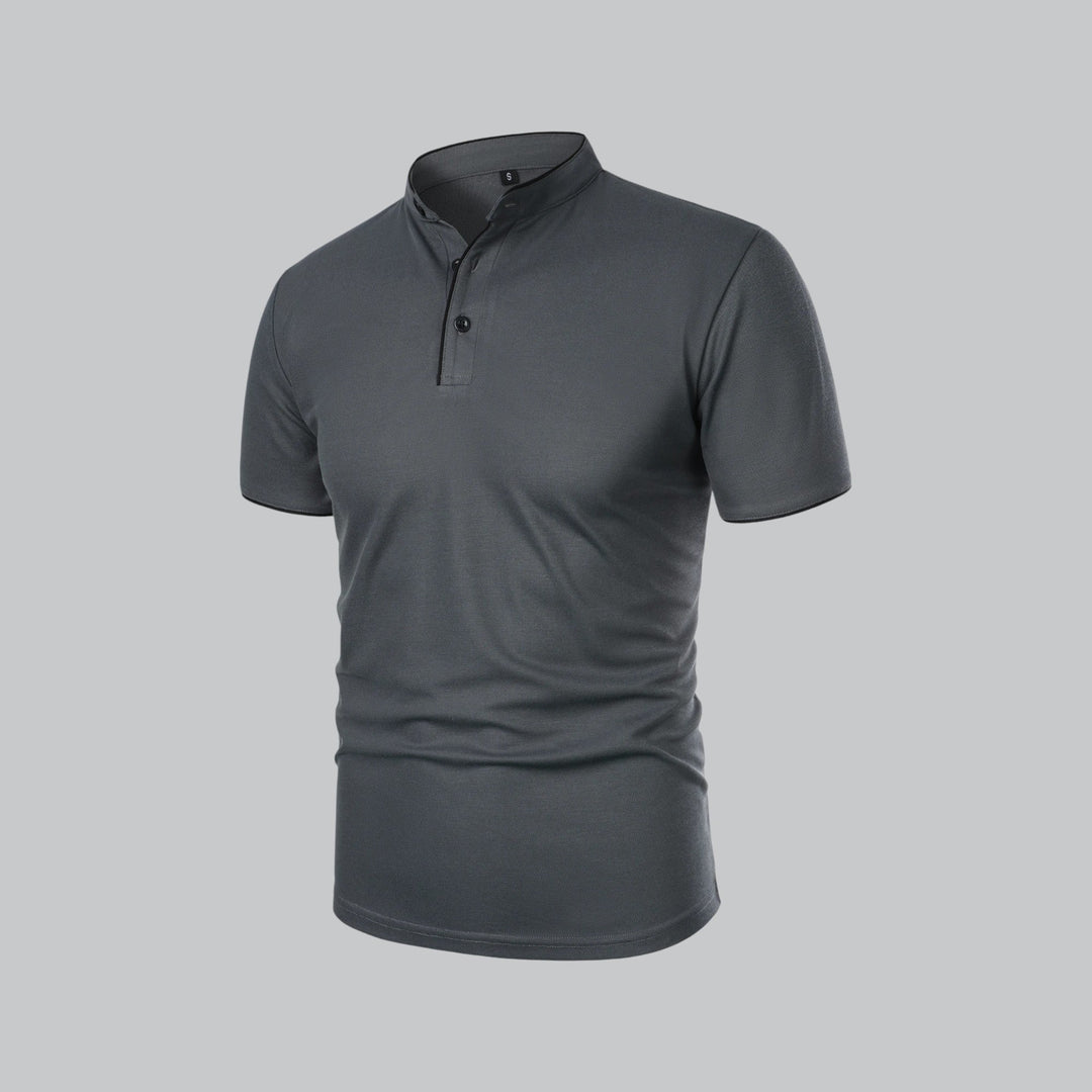 Business Casual men's collarless polo, short sleeve, modern tailored fit, ideal for daily style.