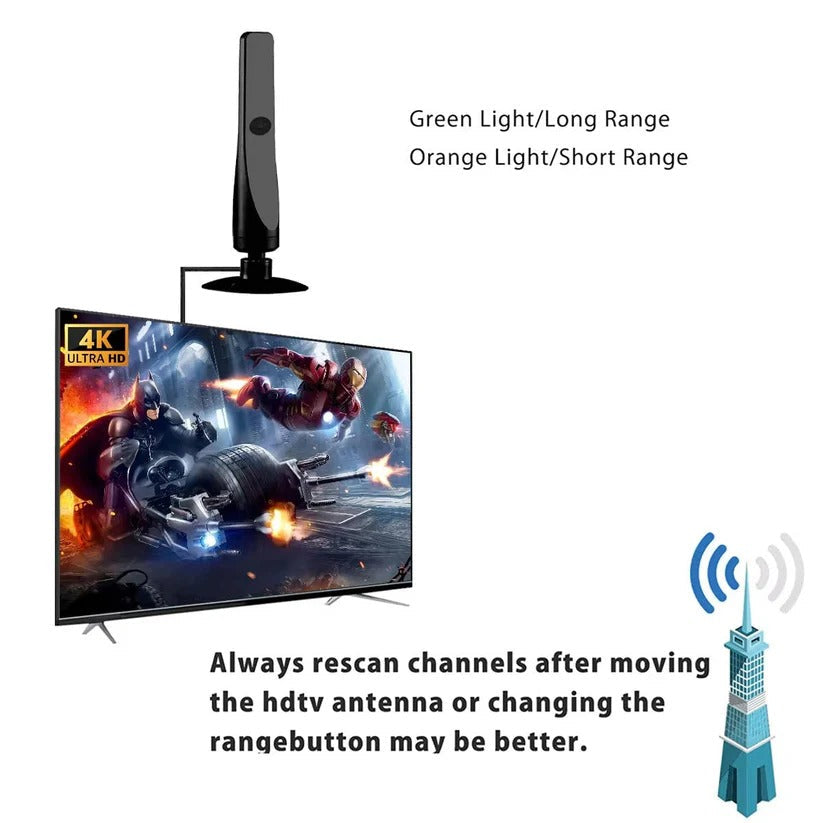 HD digital TV antenna with signal booster for superior indoor reception of local channels.