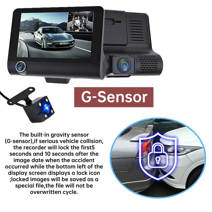 TavvitaImp009 Dual Lens Car Camera with 4-inch touchscreen, G-sensor & night vision for reliable driving safety.