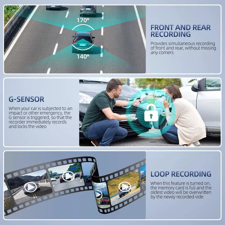 TavvitaImp009 Dual Lens Dash Cam for cars. Features 4-inch touchscreen, G-sensor, & HD front/rear recording.