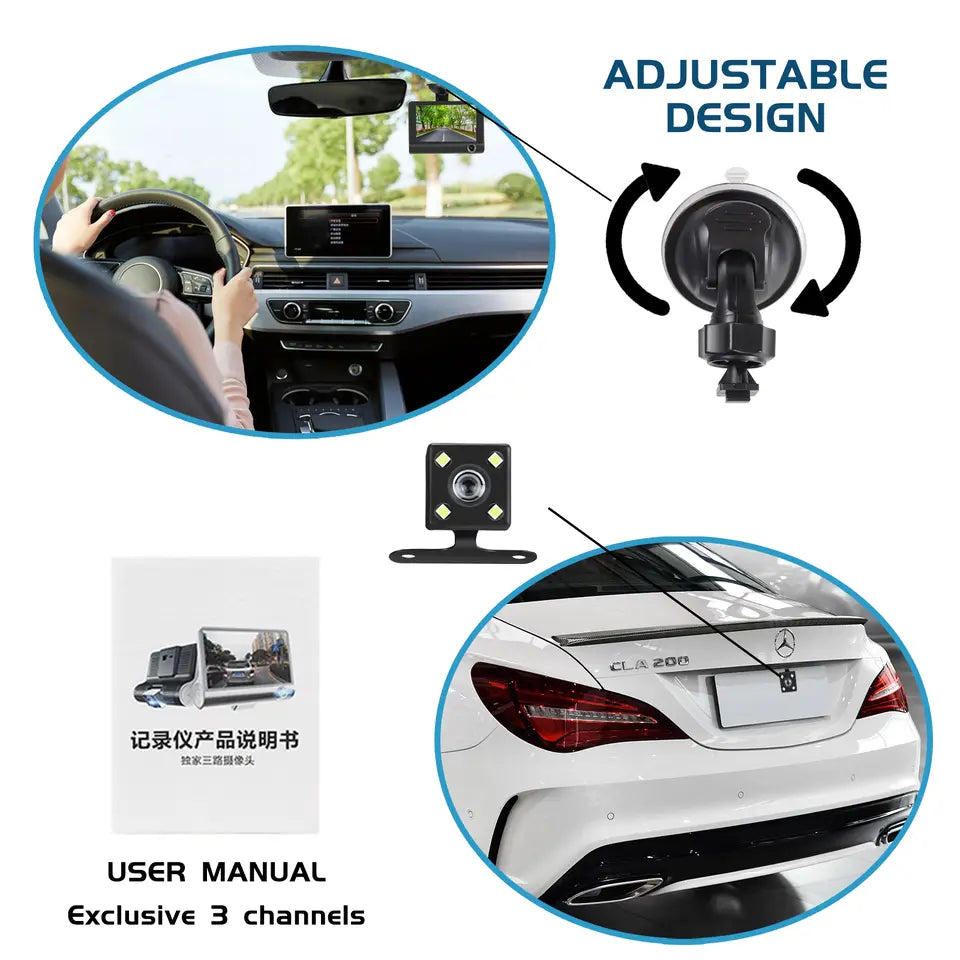 Easy-to-use 4-inch touchscreen Dual Lens Dash Cam TavvitaImp009 for vehicles. Enhances driving safety with front/rear views.
