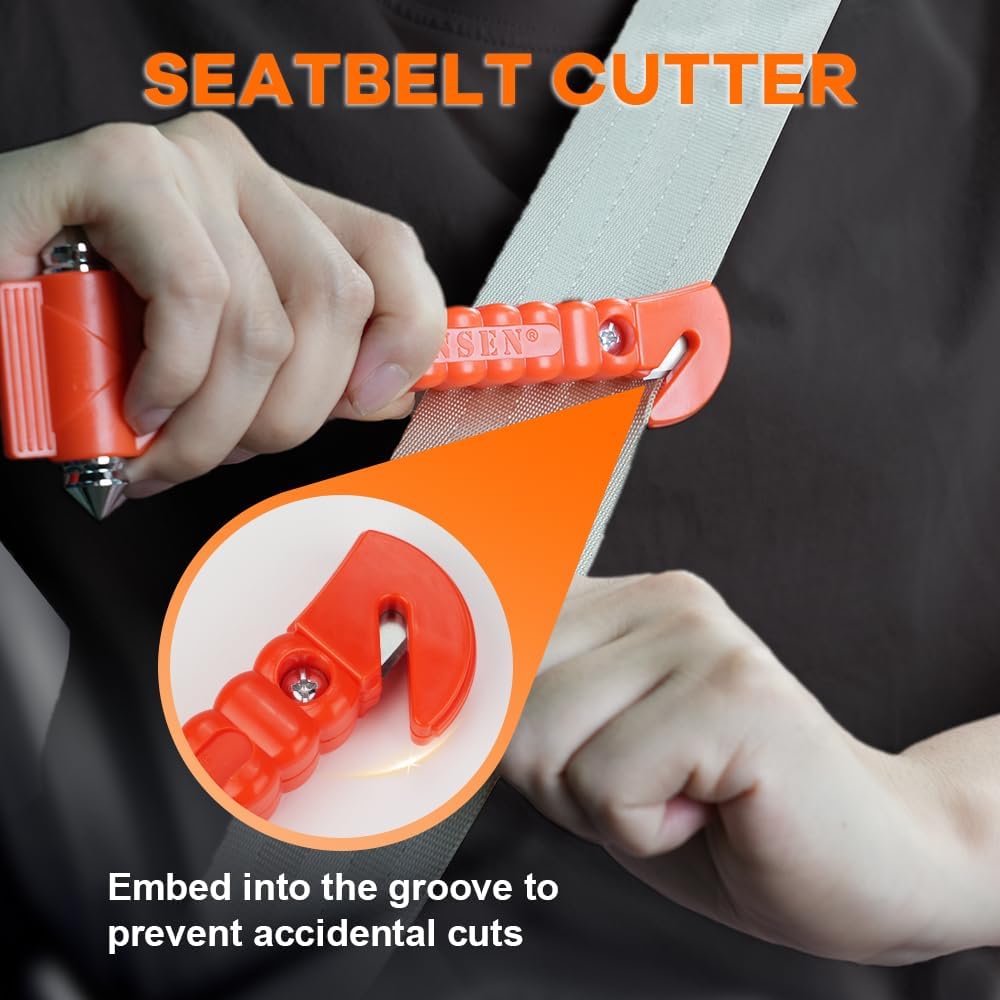 Durable vehicle escape tool for roadside emergencies. Includes window breaker and seatbelt cutter for survival.