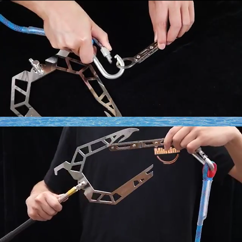 Boat owner demonstrating use of telescoping dock hook to secure a boat to a dock, marine accessory.