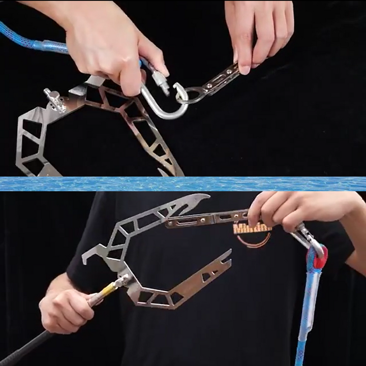 Boat owner demonstrating use of telescoping dock hook to secure a boat to a dock, marine accessory.