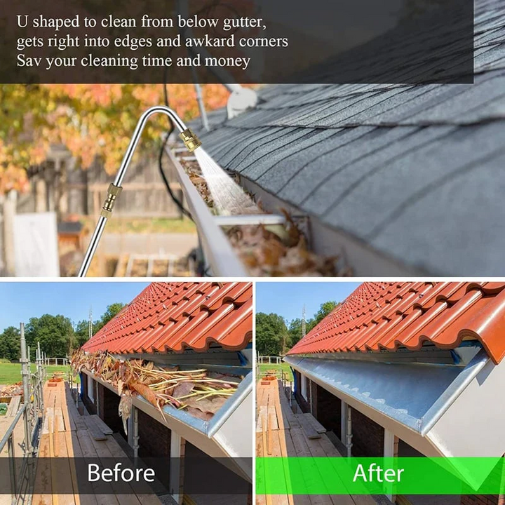 Powerful 4000 PSI telescoping pressure washer wand cleaning high gutters & roofs with ease. Outdoor.