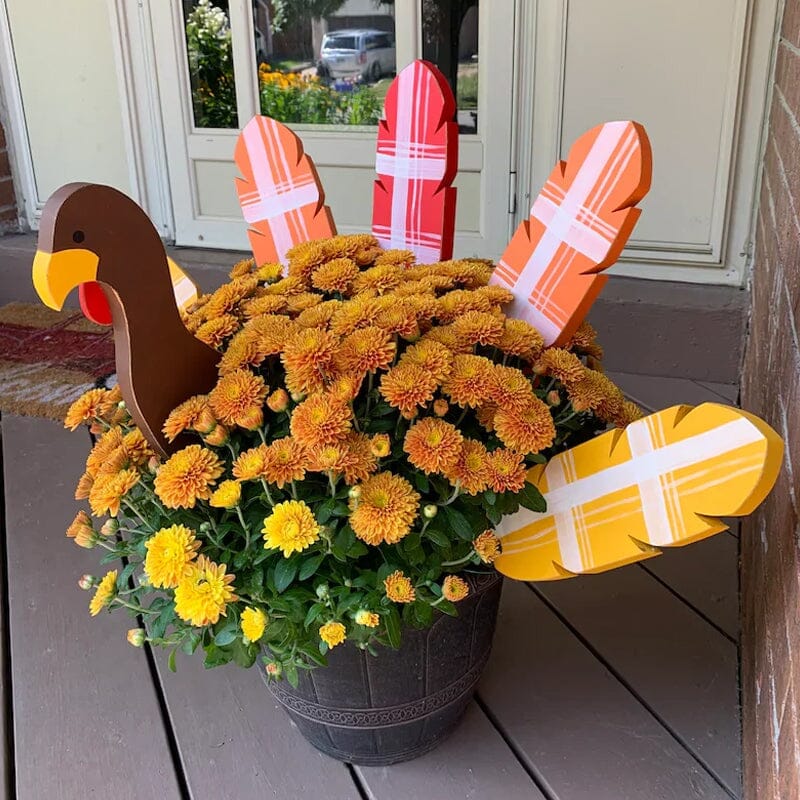 Thanksgiving turkey stake in a planter, adding festive fall decor to your garden