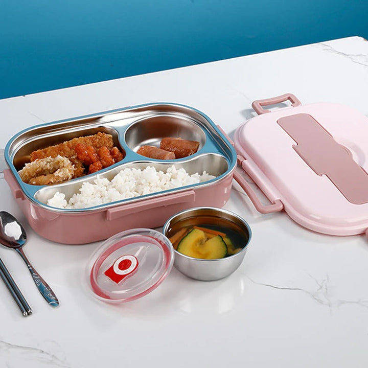 Portable 4-compartment insulated lunch box, perfect for school, work, or picnic meals. Stainless steel.