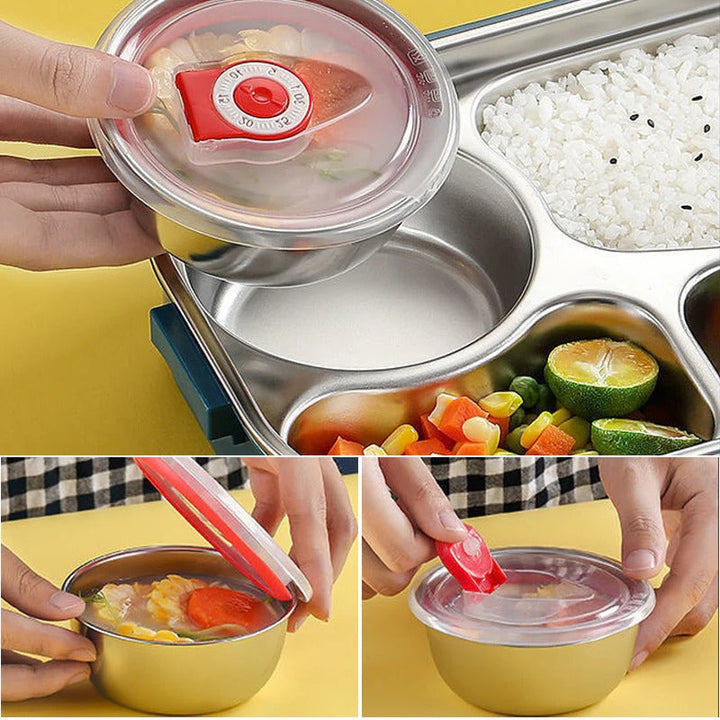 Leakproof thermal insulated food container with 4 stainless steel compartments for healthy meal prep.