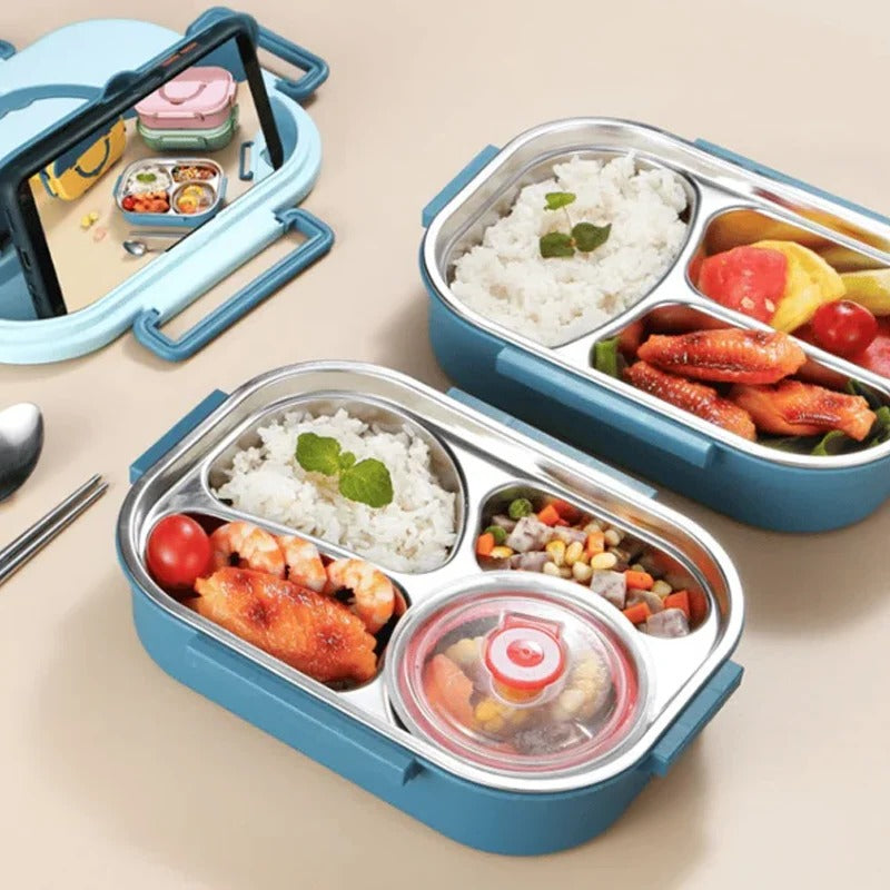 Thermal insulated food warmer, 4-compartment stainless steel lunch box for hot and fresh food anywhere.