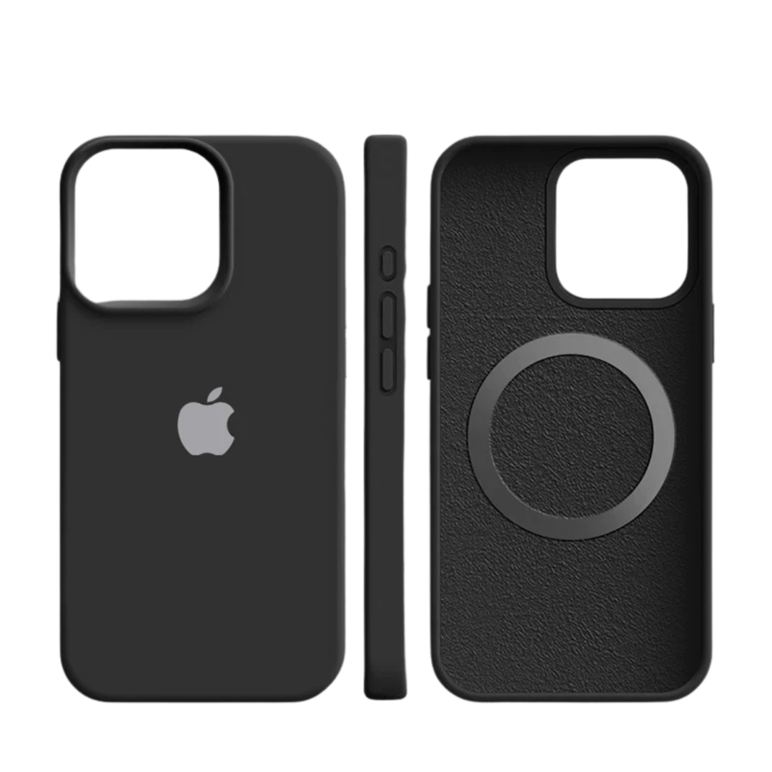 Soft touch silicone iPhone case, thin design, integrated magnets for MagSafe accessories.