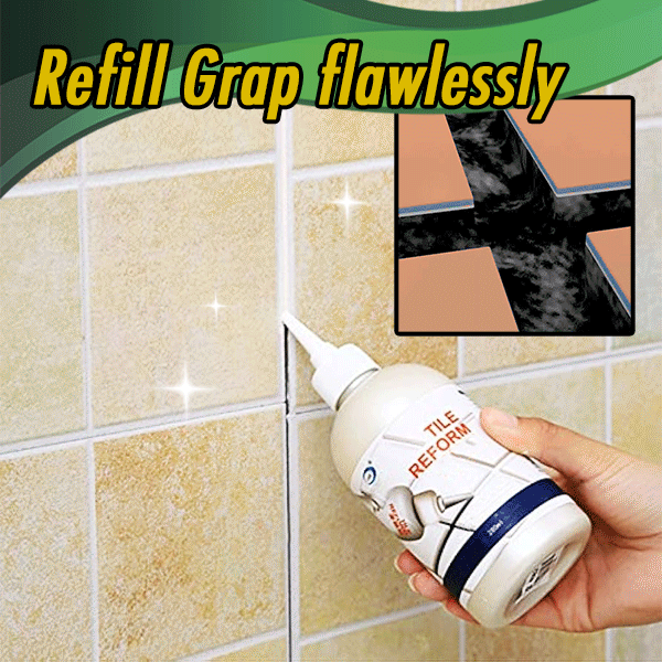 Tile Gap Repair Filler & Sealer, white, shown on ceramic tiles with a smooth finish.