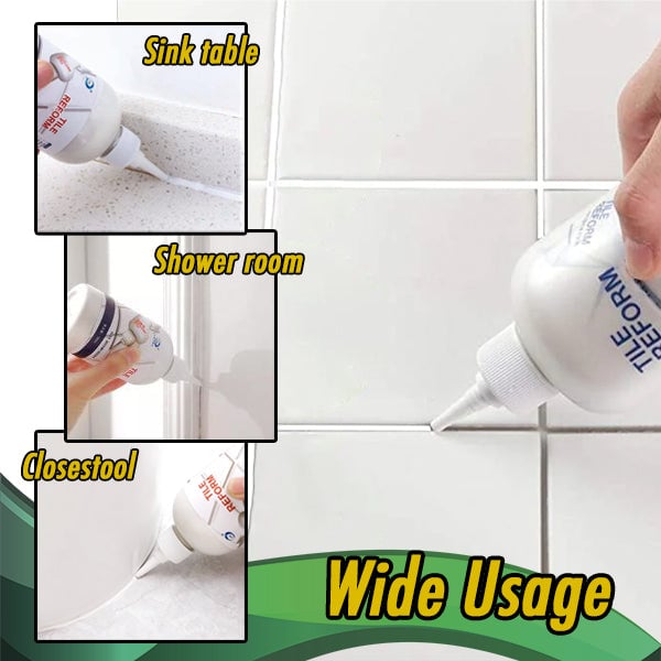 Waterproof Tile Gap Repair Filler & Sealer demonstration on a bathroom tile wall.
