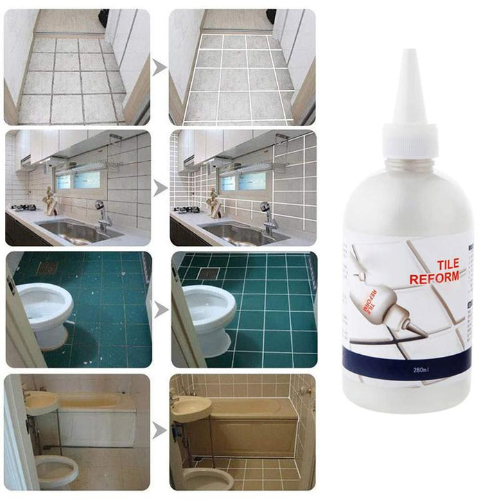 Kitchen essentials: Tile Gap Repair Filler & Sealer next to cleaning supplies on a tile surface.