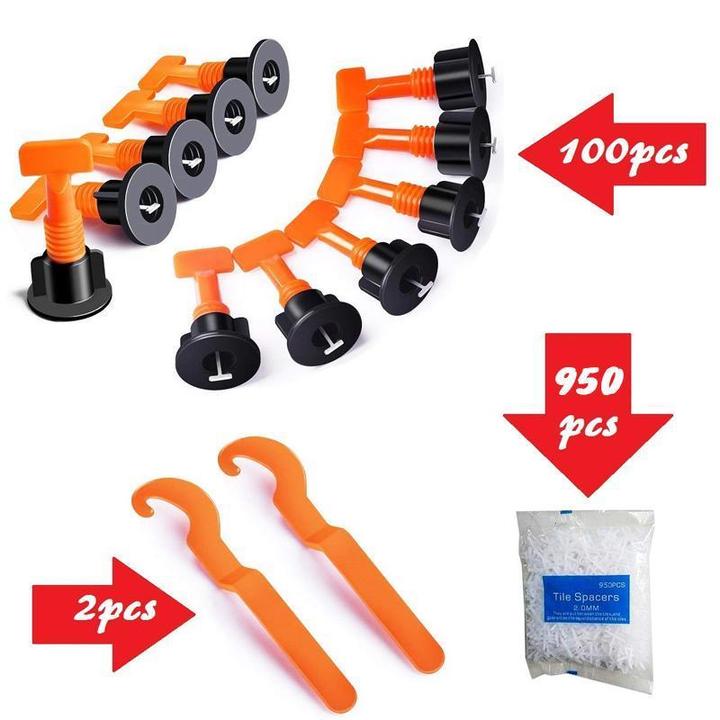 Complete tile leveling system with clips, wedges, and pliers, facilitating perfect floor and wall tiling.