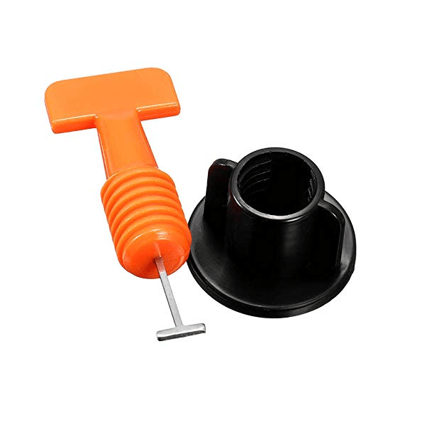 Various components of a reusable tile leveling system, essential construction tools for wall and floor tiling.