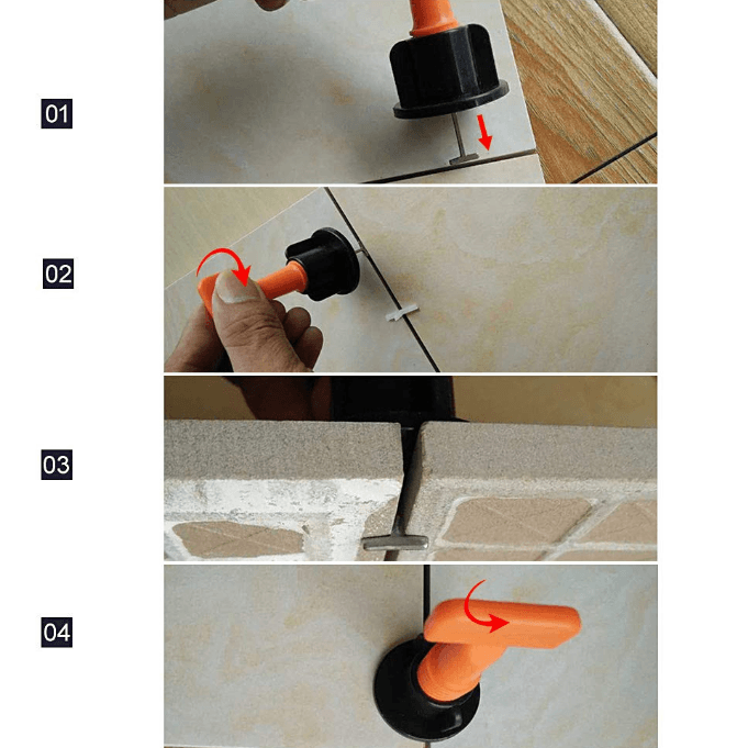 Packaging of a tile leveling kit, highlighting features like lippage control and easy tile installation.