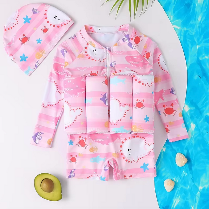 Kids' long-sleeve rash guard float vest with integrated shorts for UV safety.