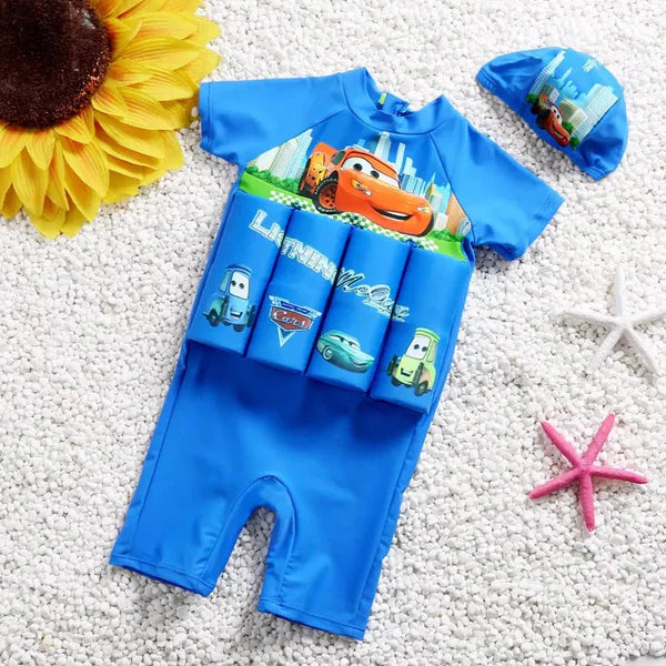 Girls' learn-to-swim float vest & rash guard shorts for water safety and UV protection.