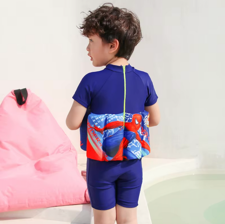 Long-sleeve rash guard float vest with integrated shorts for boys' and girls' swimwear.