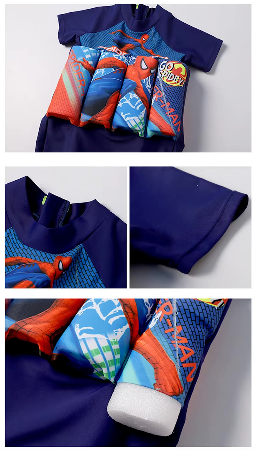 Kids' UV protection swimwear: 3-in-1 float vest, rash guard, and swim shorts.