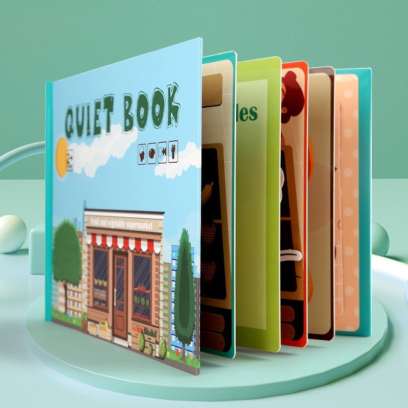 Toddler busy book with colorful shapes & animals, promoting early learning & fine motor skills.