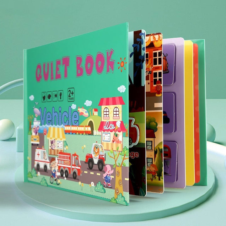 Preschool activity busy book for toddlers, featuring a zip, buttons, and matching game for skill building.