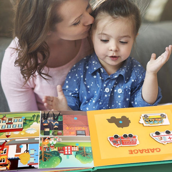 Portable toddler busy book, ideal for travel, featuring various sensory activities and learning games.