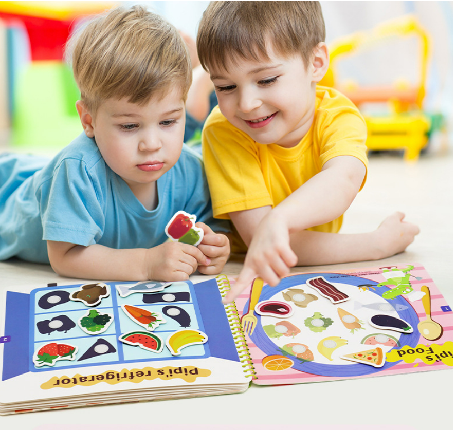 Close-up of a busy book page showing a soft felt puzzle, great for early problem-solving skills.