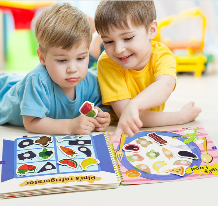 Full spread of a vibrant Busy Book for toddlers, showcasing diverse educational and play activities