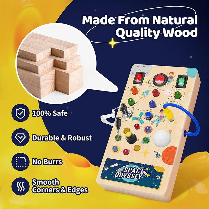 Toddler exploring different light switches on an LED Montessori Busy Board
