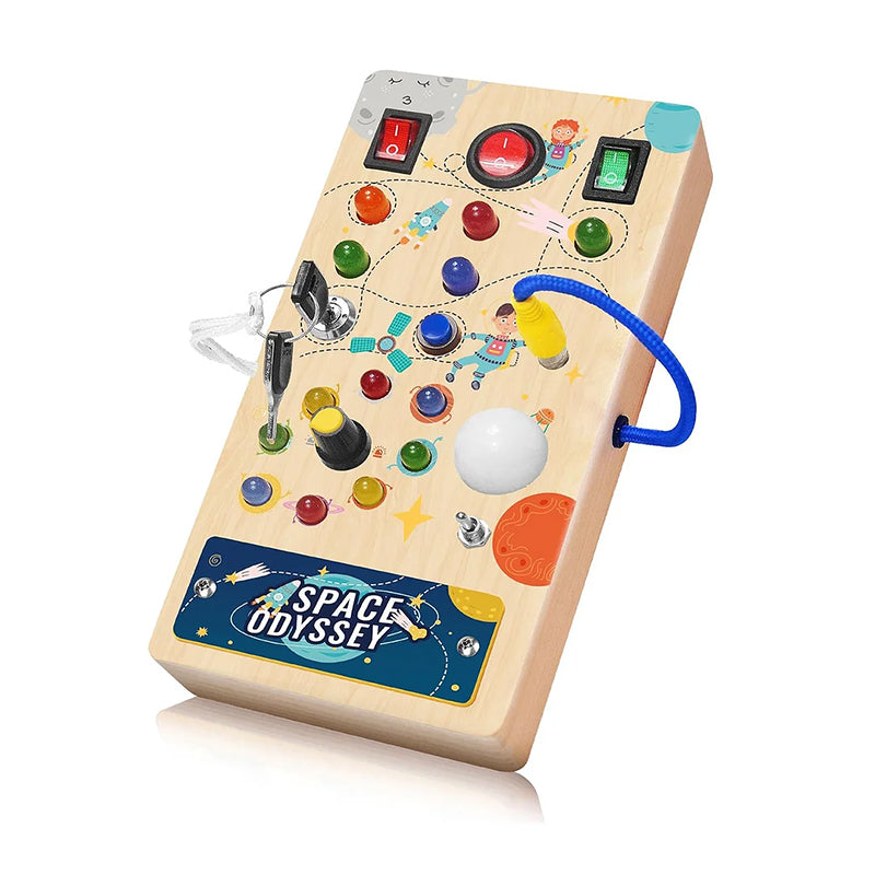 Overhead view of an LED Montessori Busy Board, showcasing its interactive features