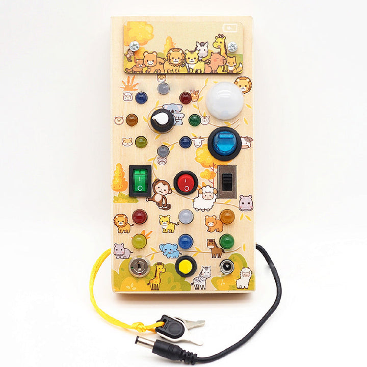Wooden LED busy board with multiple activities, fostering fine motor skills & learning