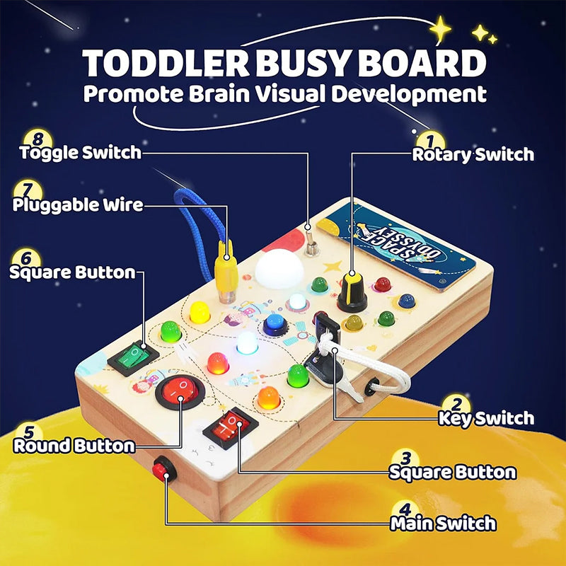 Close-up of a toddler's hand interacting with an LED Montessori Busy Board