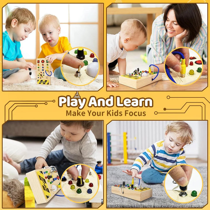 Montessori Busy Board with various LED lights and switches, promotes fine motor skills