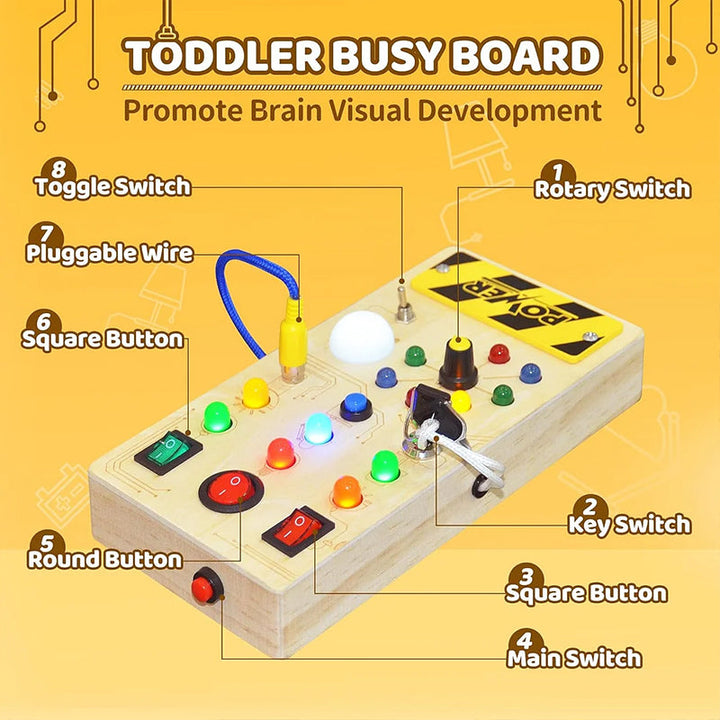 Educational LED Busy Board for toddlers, featuring colorful switches & sensory elements