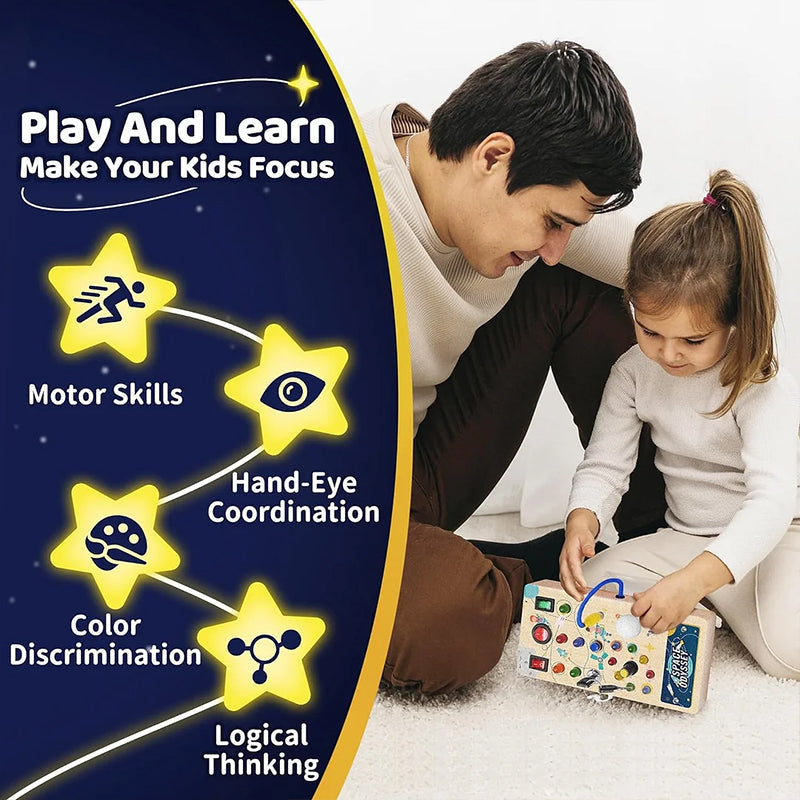 Kids gift: LED Montessori Busy Board, a fun & educational wooden toy