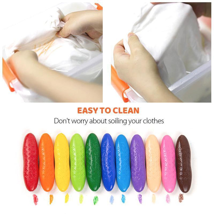 Close-up of colorful peanut crayons, non-toxic art supplies for young children's hands