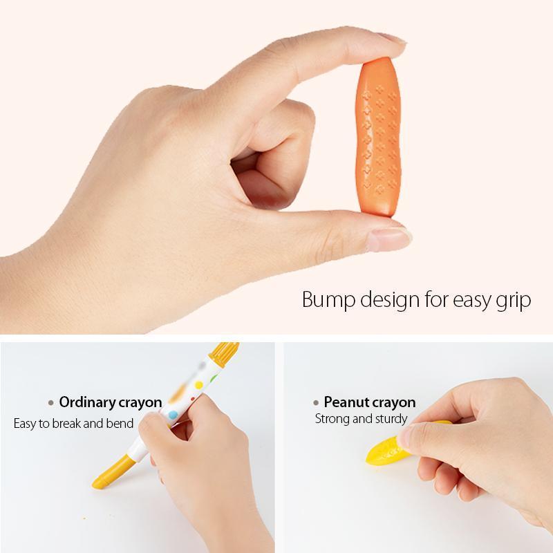 Assorted washable peanut crayons on a white background, ideal non-toxic art supplies