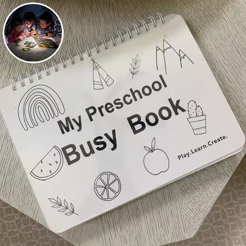 Kids' travel toy: busy book open to a page with shape sorting, perfect for toddler learning activities