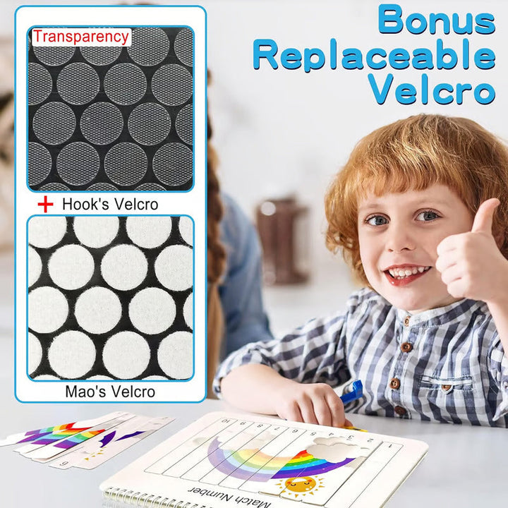 Educational activities busy book for preschoolers showing various pages with buckles and zippers for fine motor skills