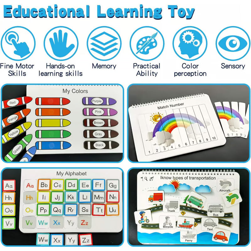 Preschool busy book designed for early education, featuring animal matching and puzzle activities for kids
