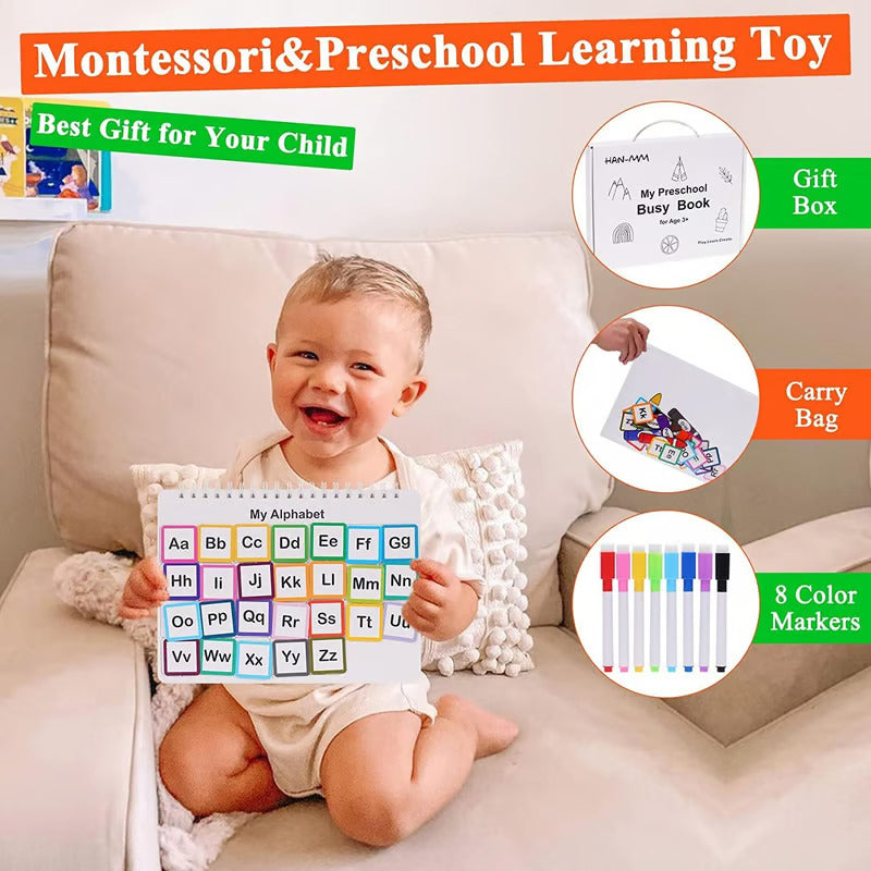 Educational busy book for toddlers with various sensory and fine motor skill development tasks