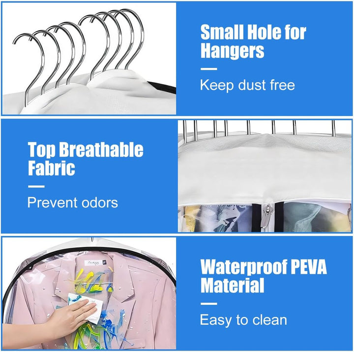 Clear PEVA garment bags, 6-pack, breathable dust protectors for suits, dresses, coats in closet storage.