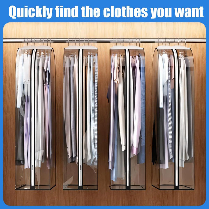 Set of 6 transparent garment covers for wardrobe; ideal clothes storage & dust protection for suits & dresses.