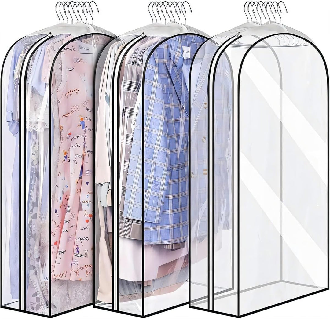 Wardrobe organized with transparent PEVA garment bags, protecting dresses & suits from dust and wrinkles.